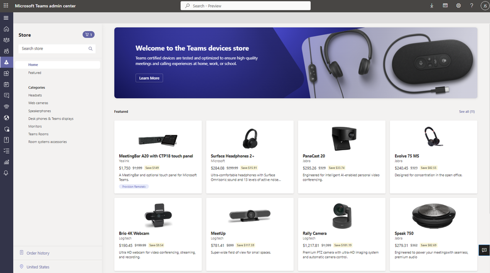 An image demonstrating the landing page for the Teams devices store in Microsoft Teams.