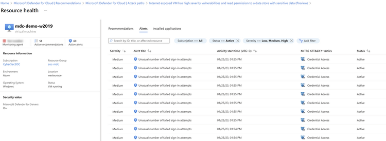 View of active security alerts related to attack paths