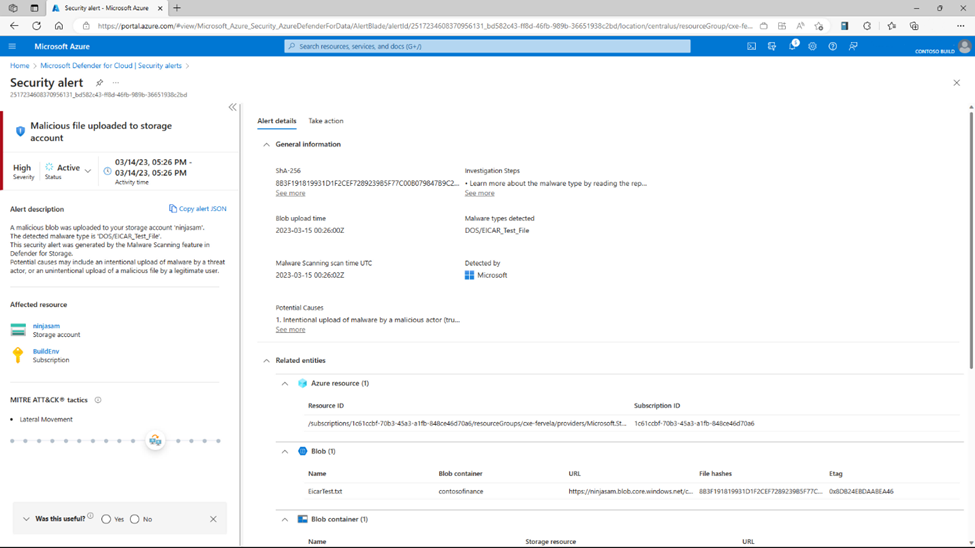 Malware Scanning security alert within Defender for Cloud includes information on the malicious file source and related resources.