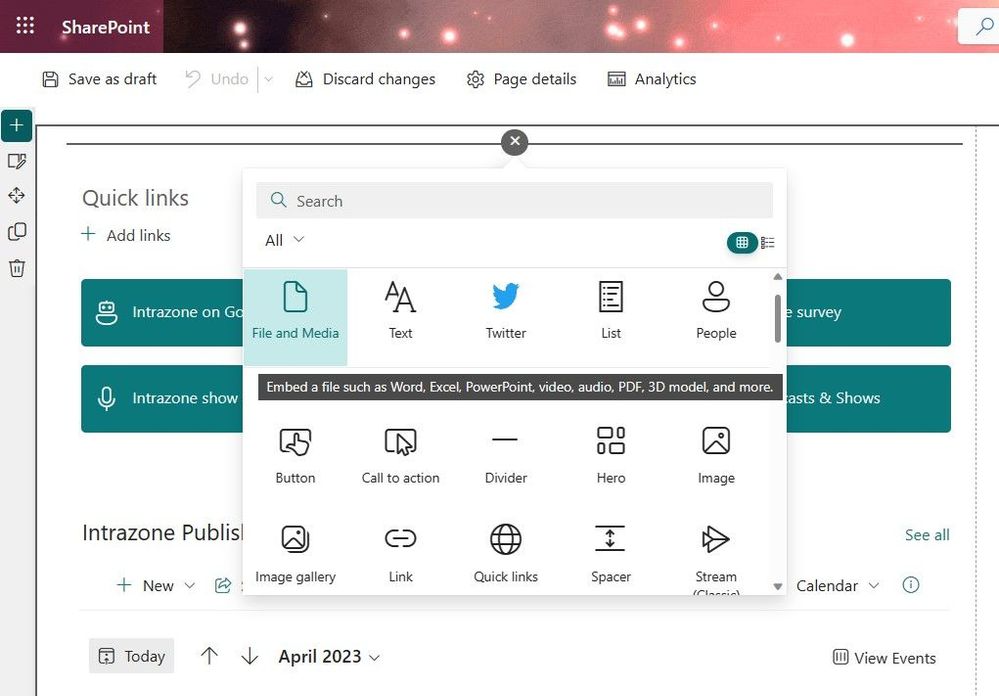 When adding a new web part to a SharePoint page, you'll now see the File web part reads, "File and Media." Note the longer description appears on-hover.