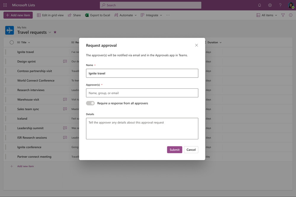 Kicking off an approval request from within Microsoft Lists.