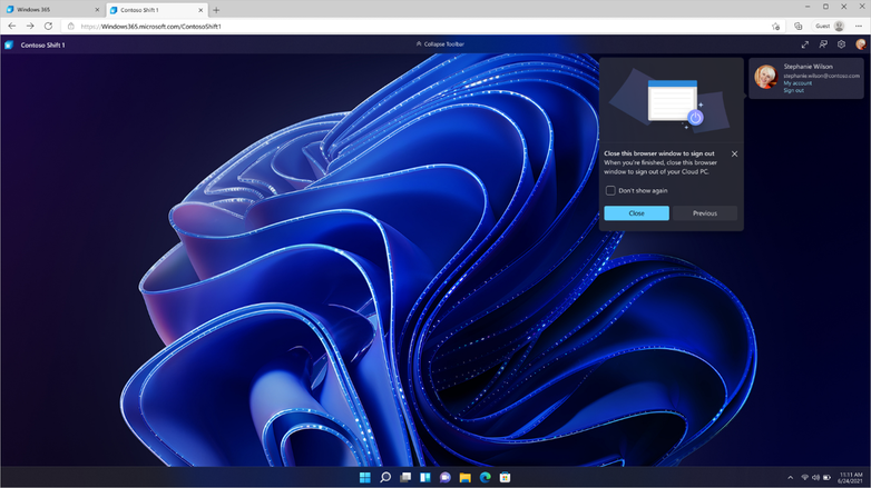 A screenshot of the Contoso Shift 1 tab in browser, and a notification in the top right says, “Close this browser window to sign out[.] When you’re finished, close this browser window to sign out of your Cloud PC”