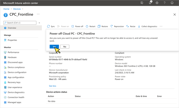 A Screenshot of the CPC_Frontline menu in the Microsoft Intune admin center, and a curser is hovering over the “Yes” in the “Power off Cloud PC – CPC_Frontline” pop up