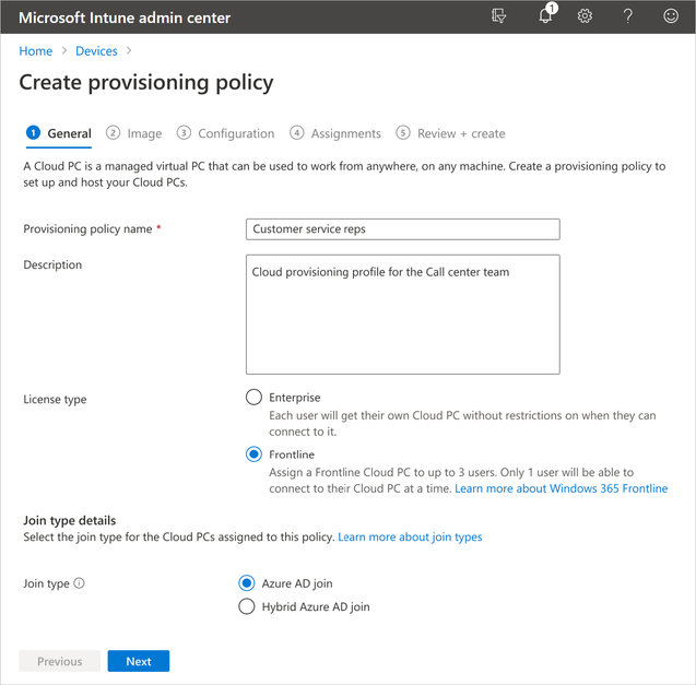 A screenshot of Microsoft Intune admin center in the Devices menu, and Frontline and Azure AD Join are selected