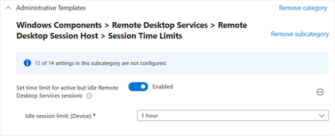 A screenshot of Administrative Templates menu with the “Set your idle session limit for Remote Desktop Services sessions” Enabled