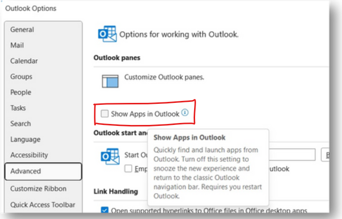uncheck "show apps in outlook"