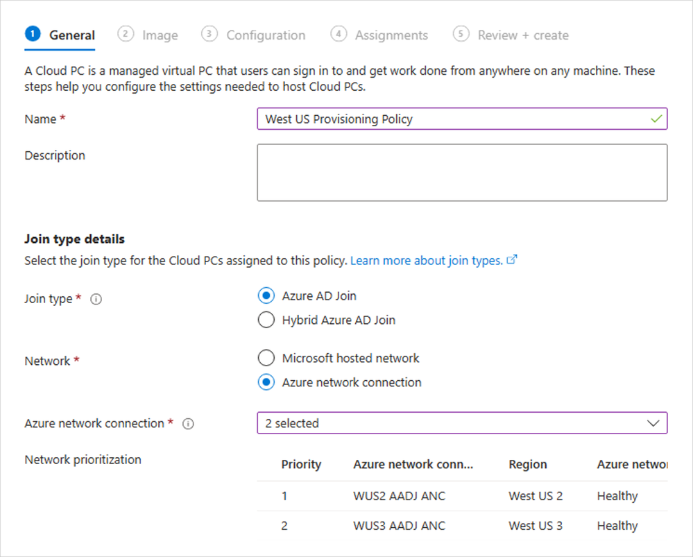 Screenshot showing the selection of join type details during Cloud PC provisioning