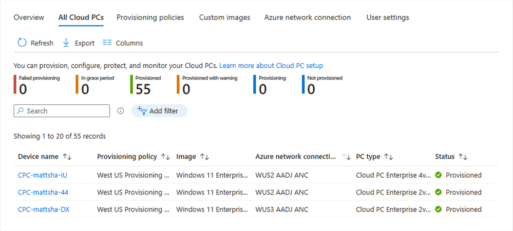 Screenshot showing a list of All Cloud PCs list provisioned and the ANC used