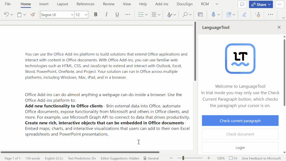 An animated image demonstrating how to use the LanguageTool add-in.