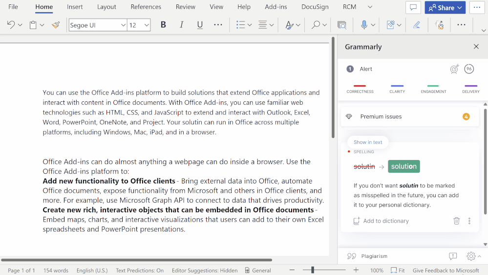 An animated image demonstrating how to use Grammarly for Microsoft Word add-in.