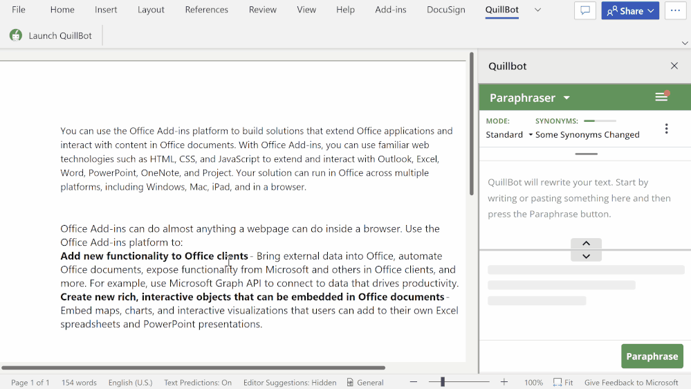 An animated image demonstrating how to use the Quillbot add-in.