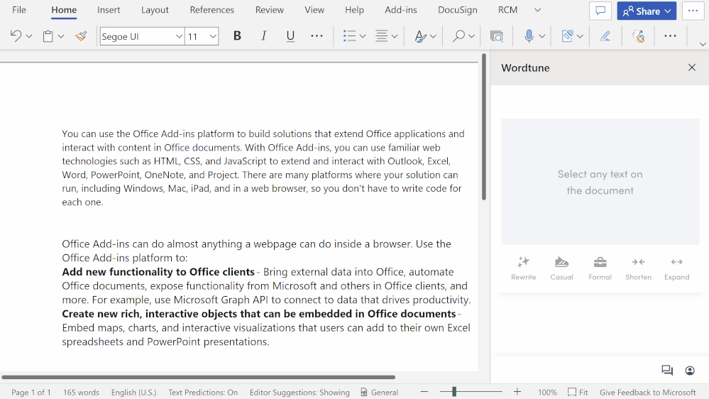 An animated image demonstrating how to use the Wordtune add-in.