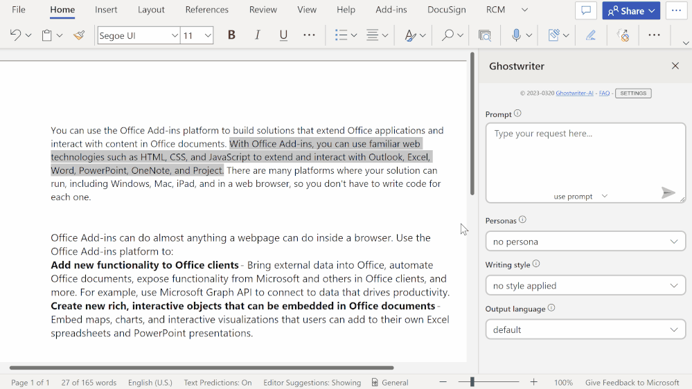An animated image demonstrating how to use the Ghostwriter add-in.