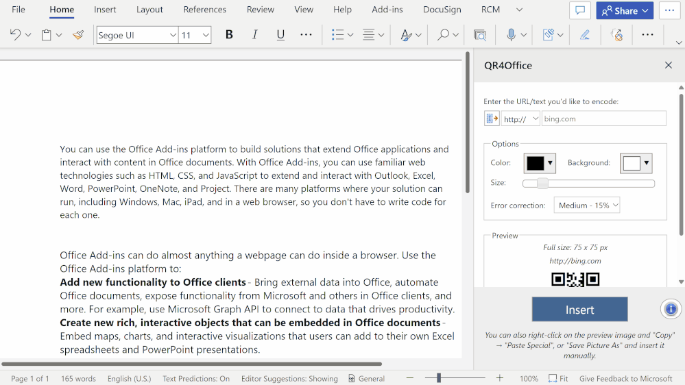 An animated image demonstrating how to use the QR4Office add-in.