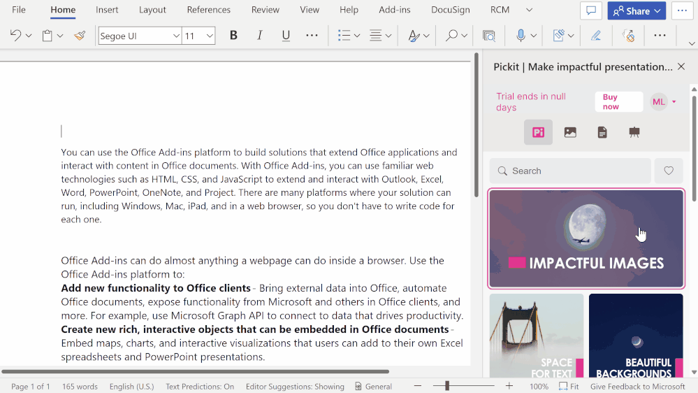 An animated image demonstrating how to use Pickit add-in.