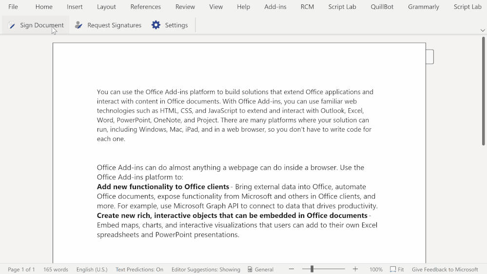 An animated image demonstrating how to use the DocuSign for Word add-in.