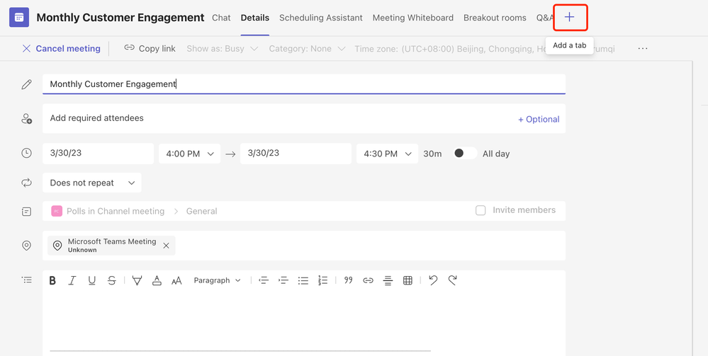 An image demonstrating the plus button on the top bar of a channel meeting detail page