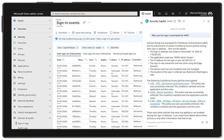 In the Microsoft Entra admin center, Microsoft Security Copilot explains in simple, conversational language what a Conditional Access policy does or why multi-factor authentication (MFA) was triggered.