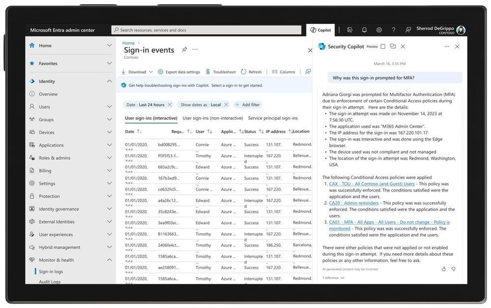 In the Microsoft Entra admin center, Microsoft Security Copilot explains in simple, conversational language what a Conditional Access policy does or why multi-factor authentication (MFA) was triggered.