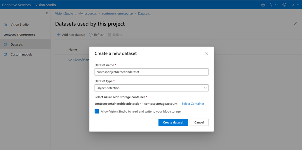 Vision Studio view of Create new dataset dialog