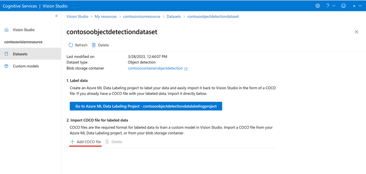 Vision Studio page that shows how to add a COCO file to a dataset