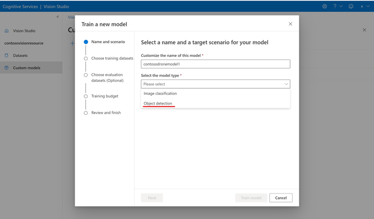 Vision Studio dialog for training a new custom model