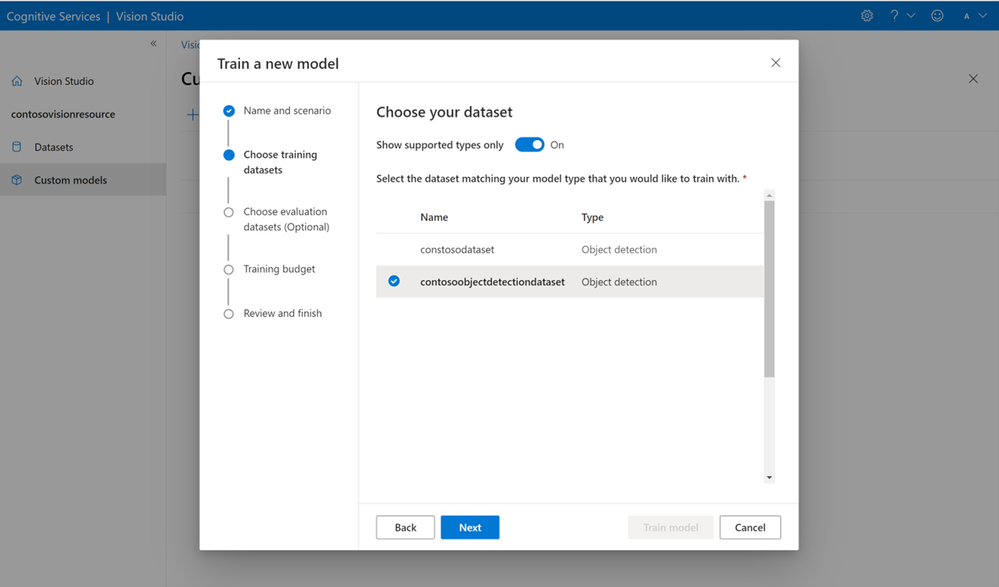 Vision Studio dialog for selecting the training dataset