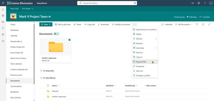 Once guest sharing is enabled, site owners and members can select a folder to request files into – after which you can send a unique link or email direct from the SharePoint user interface.
