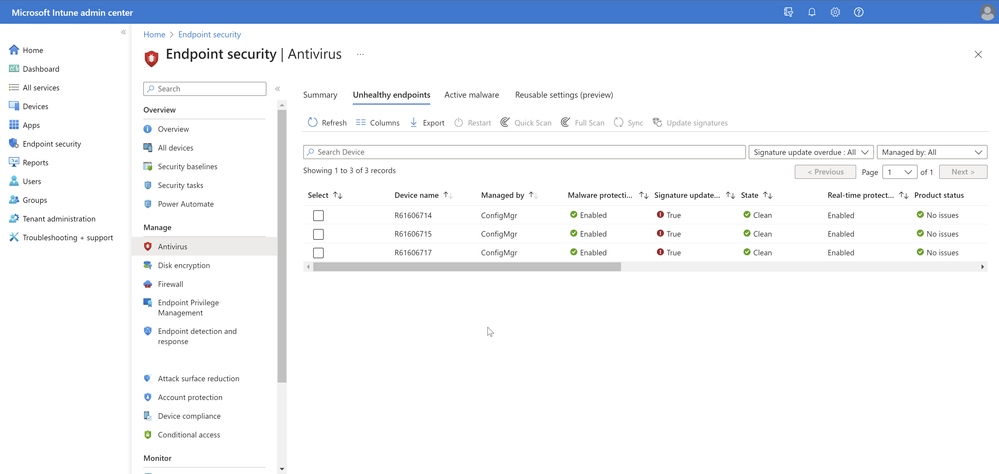 A screenshot of the Summary tab in an example Antivirus report on the Endpoint security page.