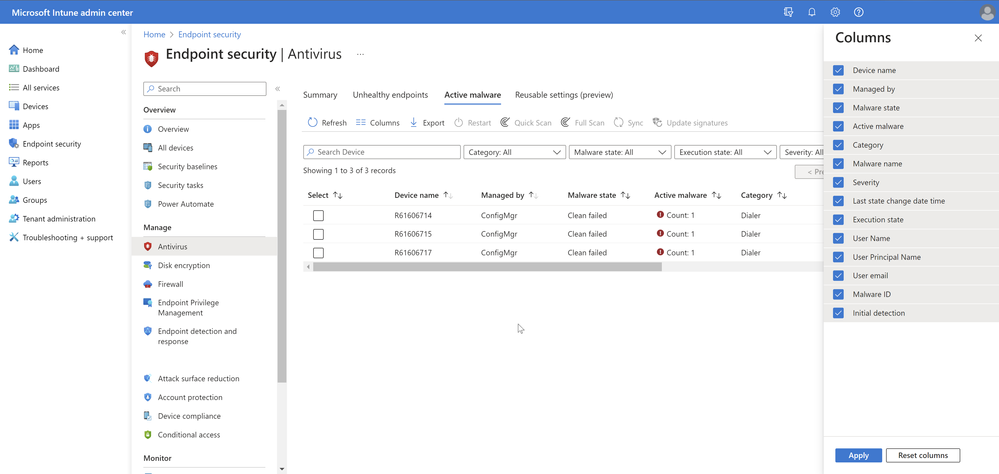 A screenshot of the Active malware tab in an example Antivirus report on the Endpoint security page.