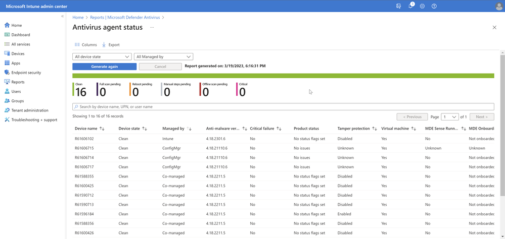 A screenshot of an example Antivirus agent status report.