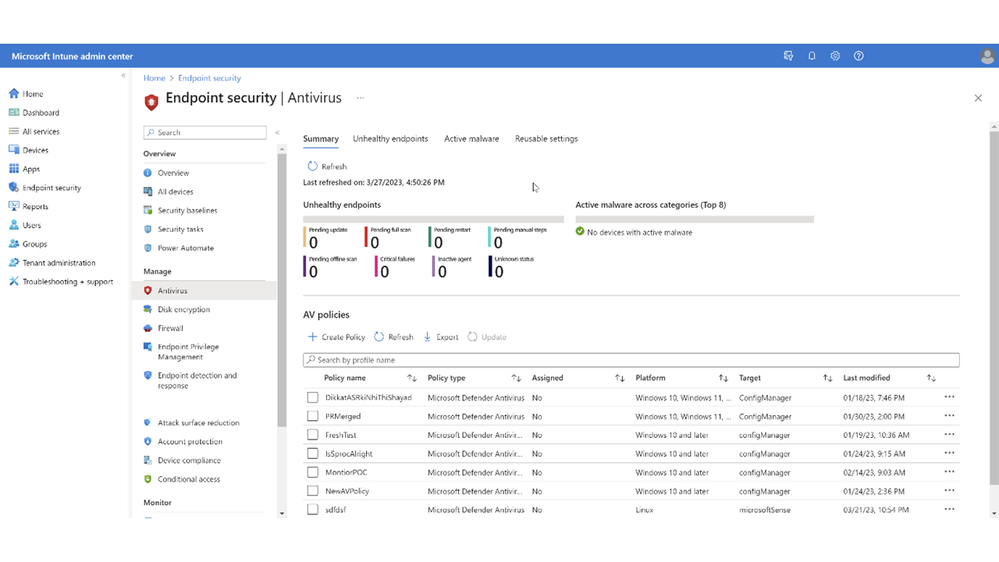 A screenshot of the Summary tab in an example Antivirus report on the Endpoint security page.