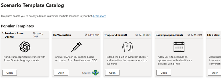 Azure Health Bot Template Catalog