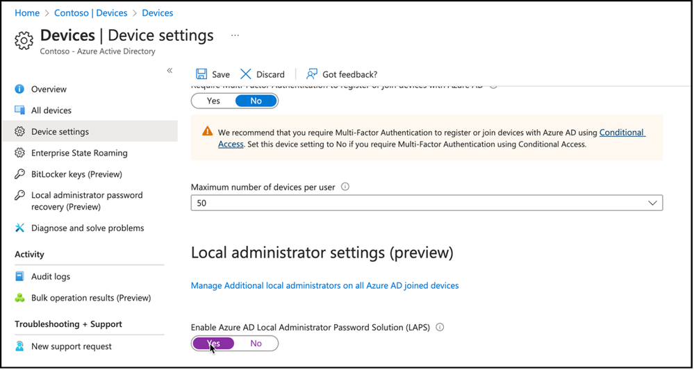Snippet from Azure Active Directory Devices Node, Device Settings View