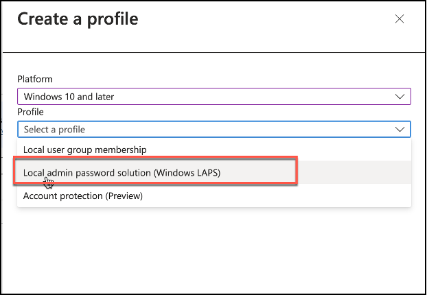 Snippet from Endpoint Security, Account Protection Node, Policy Creation View