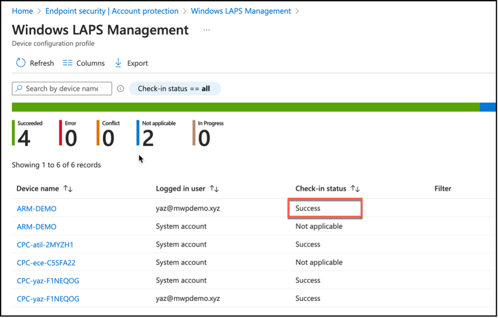 Snippet from Windows LAPS Policy Properties, Check-In Status
