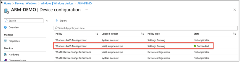 Snippet from Device Properties, Device Configuration View