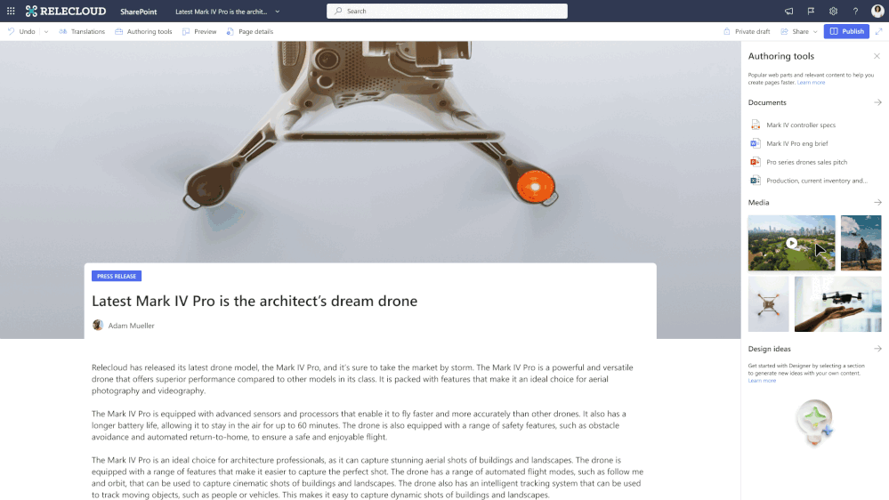The new content pane suggests beautiful page layouts for your content.