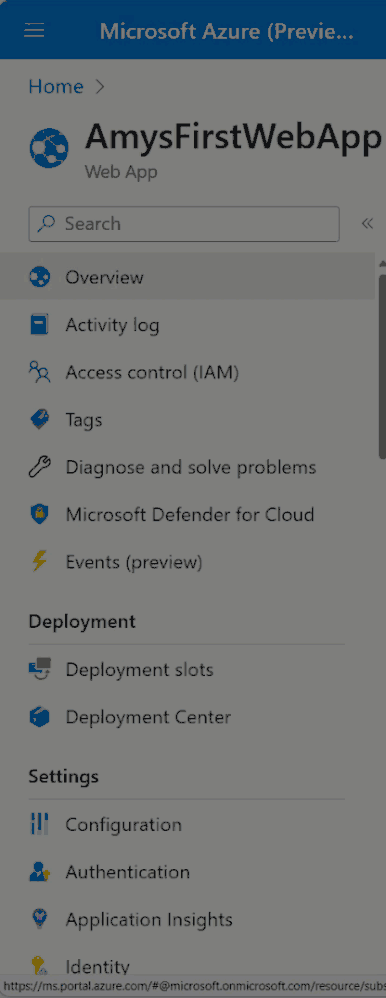 Azure Portal Options for Web App