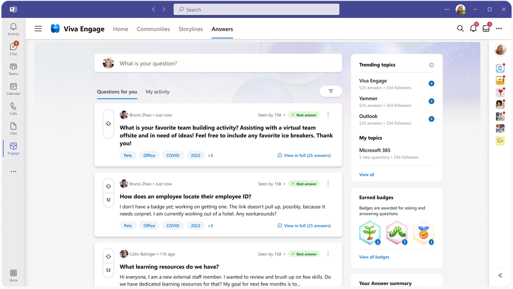 Answers in Viva brings knowledge to you across Viva Engage web, client, and mobile experiences.