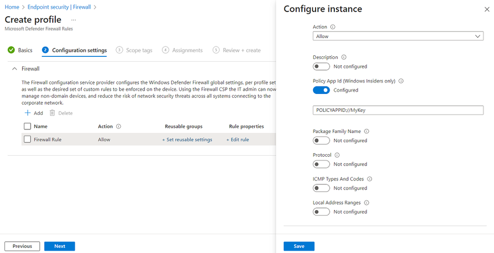 A screenshot of the Configure instance pane on the Create profile page in Endpoint security, Firewall page.