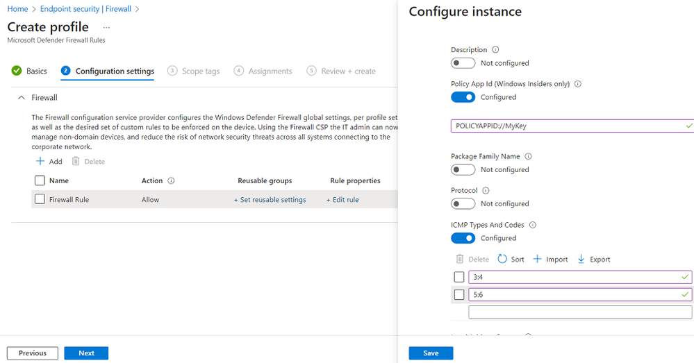A screenshot of the Configure instance pane with the ICMP Types and Codes options highlighted.