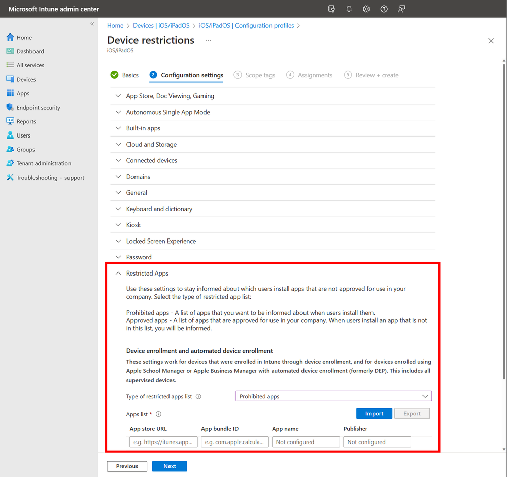 A screenshot of the expanded Restricted Apps option for the Device restrictions profile.