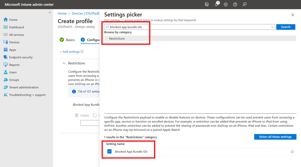 A screenshot of the Settings picker showing the Restrictions category and the Blocked App Bundle IDs setting selection.