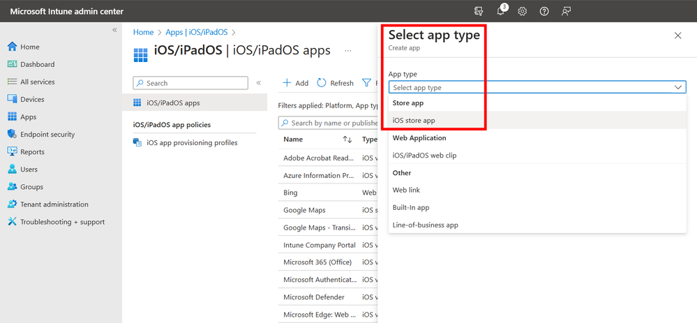 A screenshot of the Select app type window with the iOS store app highlighted.
