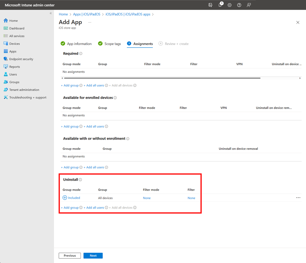 A screenshot of the Add App screen with the Uninstall settings highlighted.
