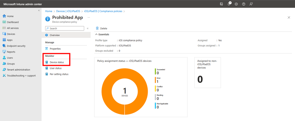 A screenshot of the Monitor Device status screen for a Prohibited App.