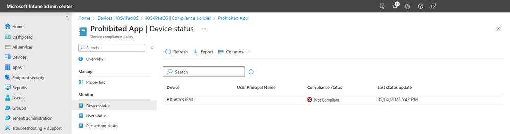 A screenshot of the Device status report for a Prohibited App.