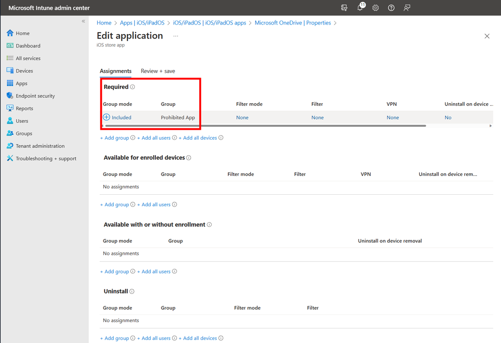 A screenshot of the Edit application screen with the Required settings highlighted.