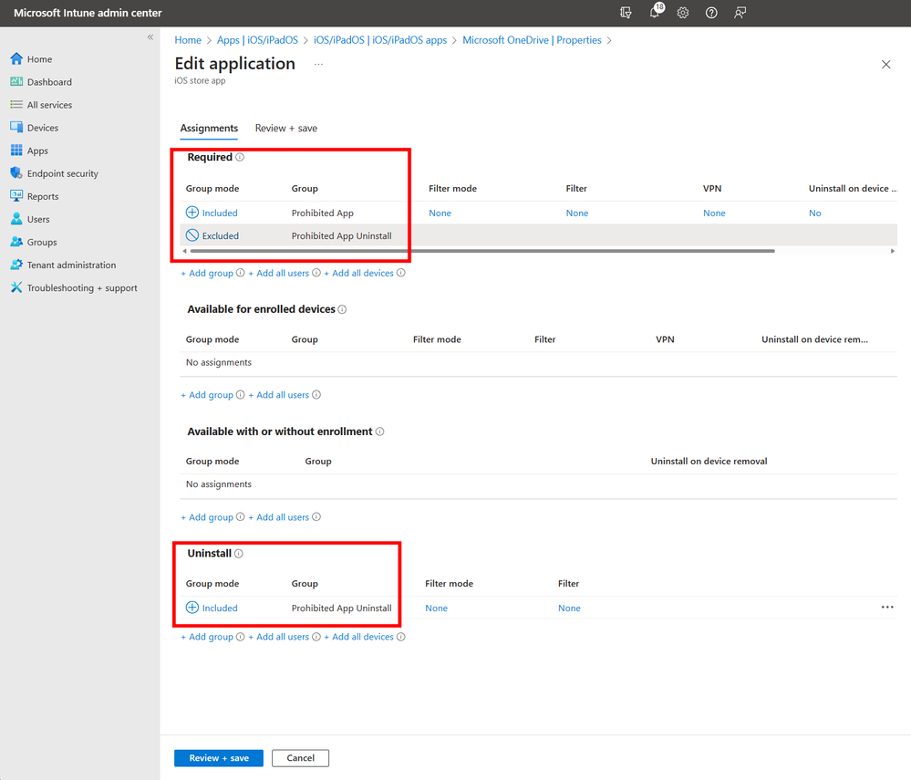 A screenshot of the new group being added to the Required and Uninstall settings for the prohibited application.